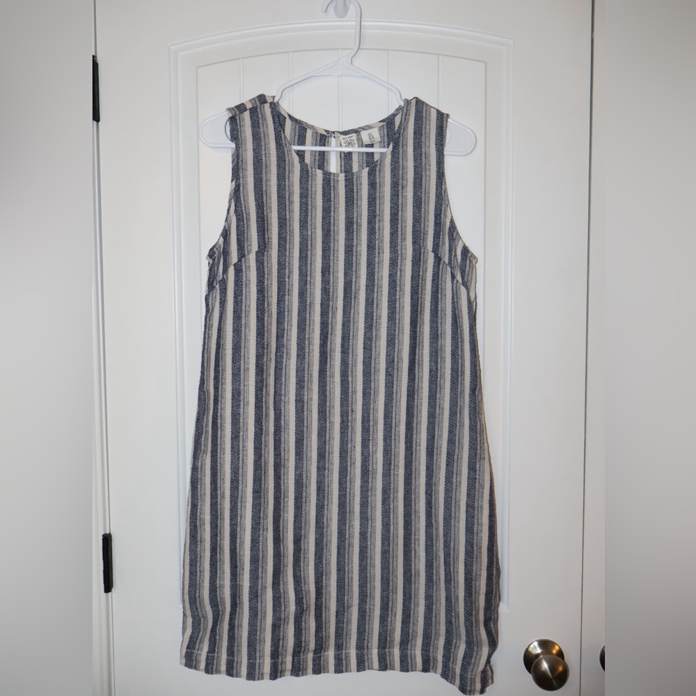 Sleeveless Linen Striped Shift Dress – Blue & Cream – Size M